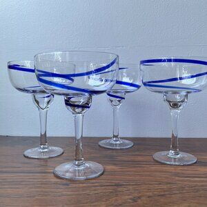 Set of 4 Pier 1 Swirline Cobalt Blue Swirl Margarita Glasses 17 oz Hand Blown